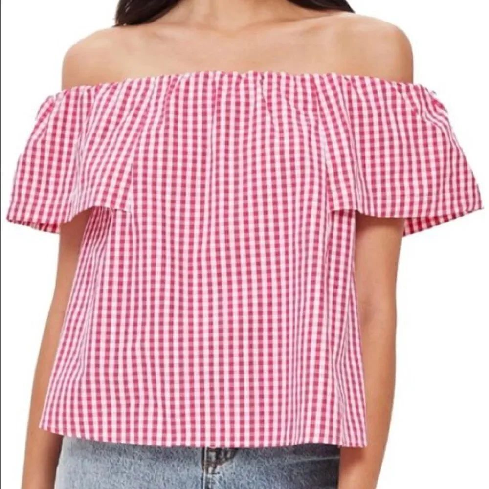 Topshop Maggie Bardot Pink & White Gingham Off the Shoulder Top